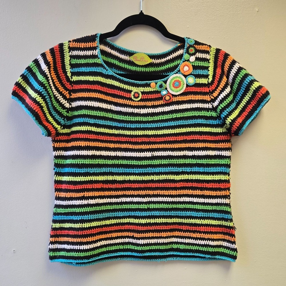 Vintage Prima‎ Bella Hand-Crocheted Striped Rainbow Boho Top M Gypsy Cottage